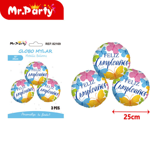 3 bolas de papel de aluminio de 10 pulgadas con feliz cumple (12paquetes)