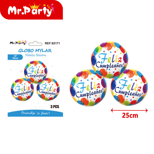3 bolas de papel de aluminio de 10 pulgadas con feliz cumple (12paquetes)