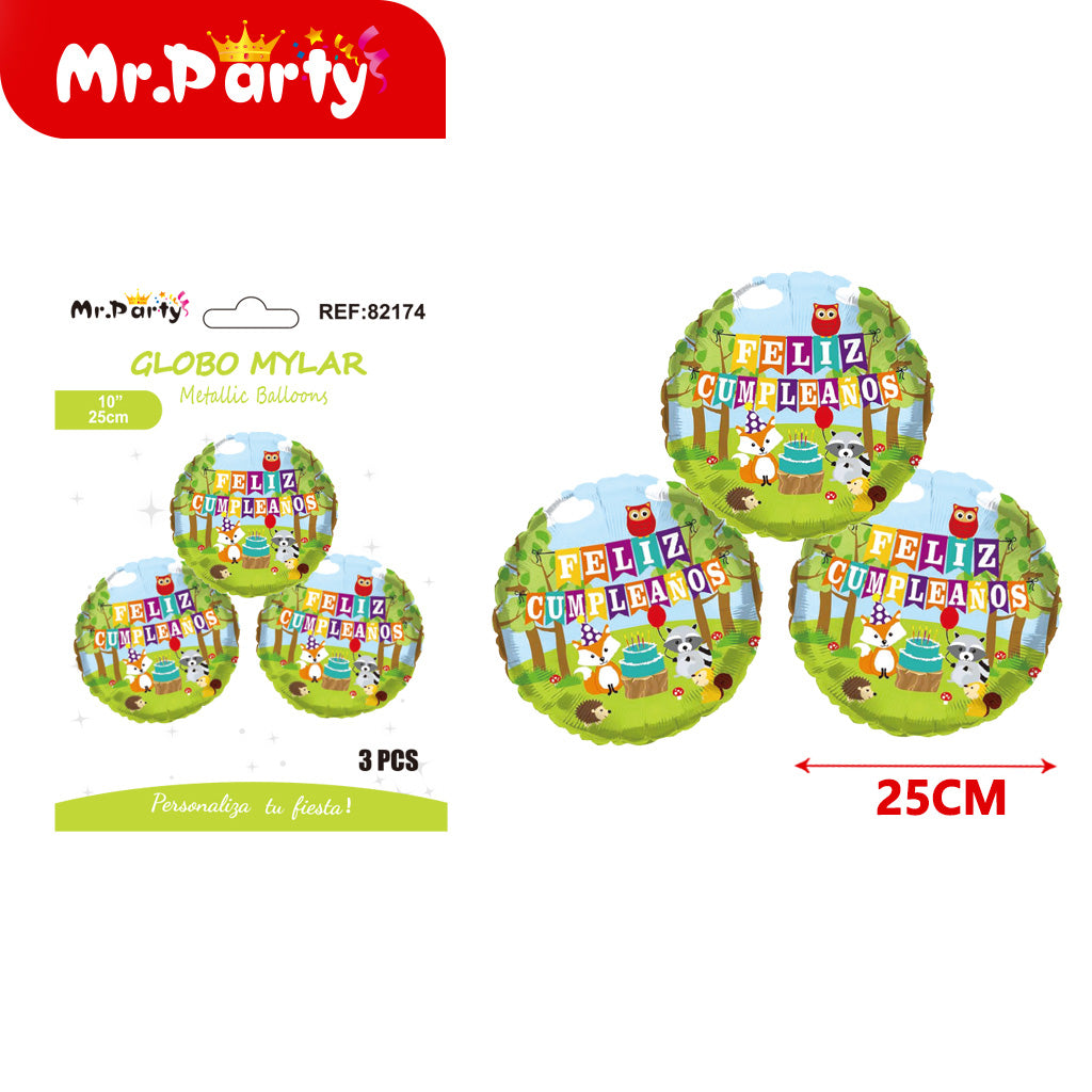 3 bolas de papel de aluminio de 10 pulgadas con feliz cumple (12paquetes)