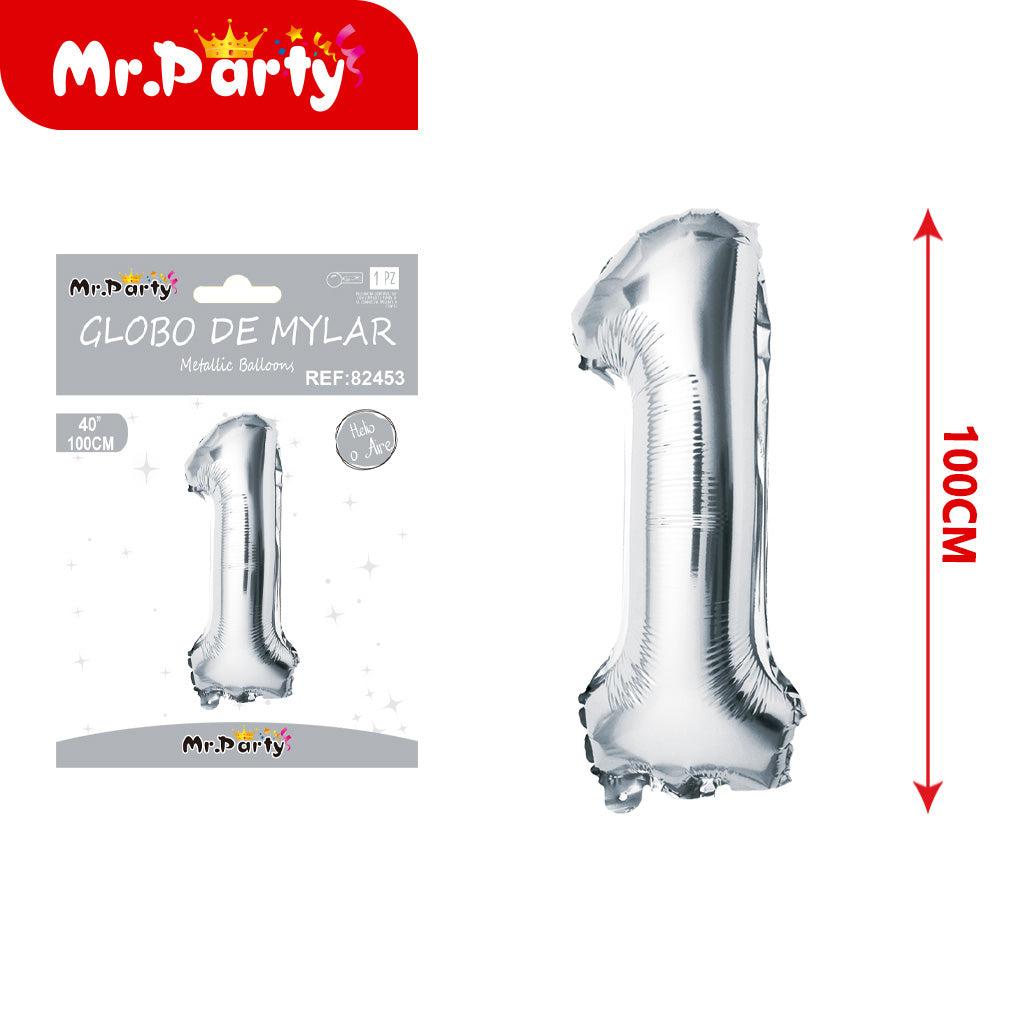 Globo Número plateado 100cm –Mayoreo 12 pzas - Mylar Metálico Mr. Party