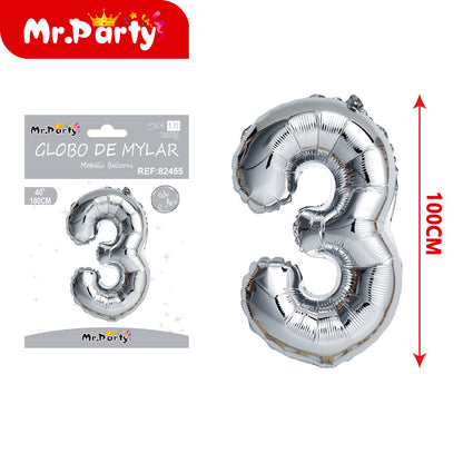 Globo Número plateado 100cm –Mayoreo 12 pzas - Mylar Metálico Mr. Party