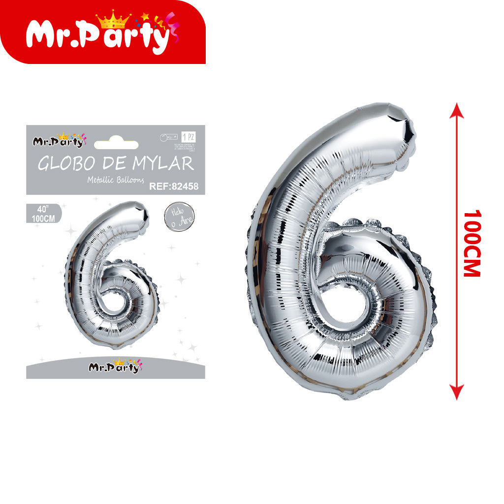 Globo Número plateado 100cm –Mayoreo 12 pzas - Mylar Metálico Mr. Party