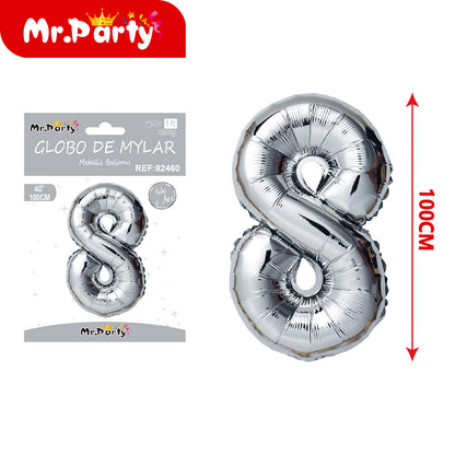 Globo Número plateado 100cm –Mayoreo 12 pzas - Mylar Metálico Mr. Party