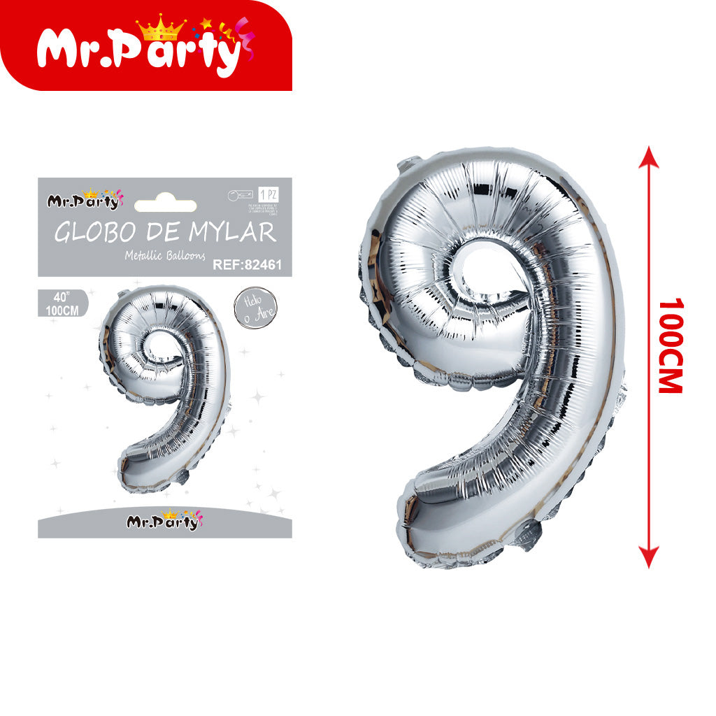 Globo Número plateado 100cm –Mayoreo 12 pzas - Mylar Metálico Mr. Party