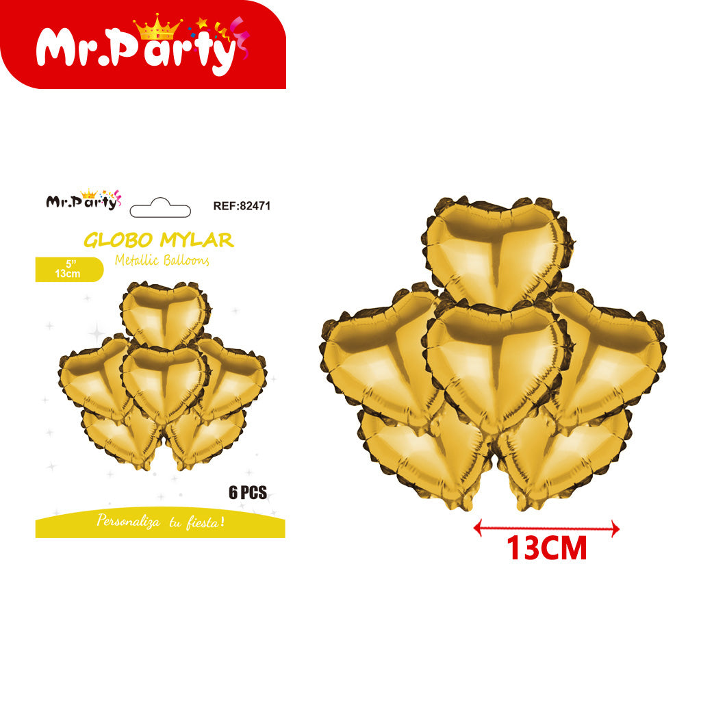 Mini Globos Mylar Estrella y Corazón 13cm – Set 6 Pzas Mr. Party ✨