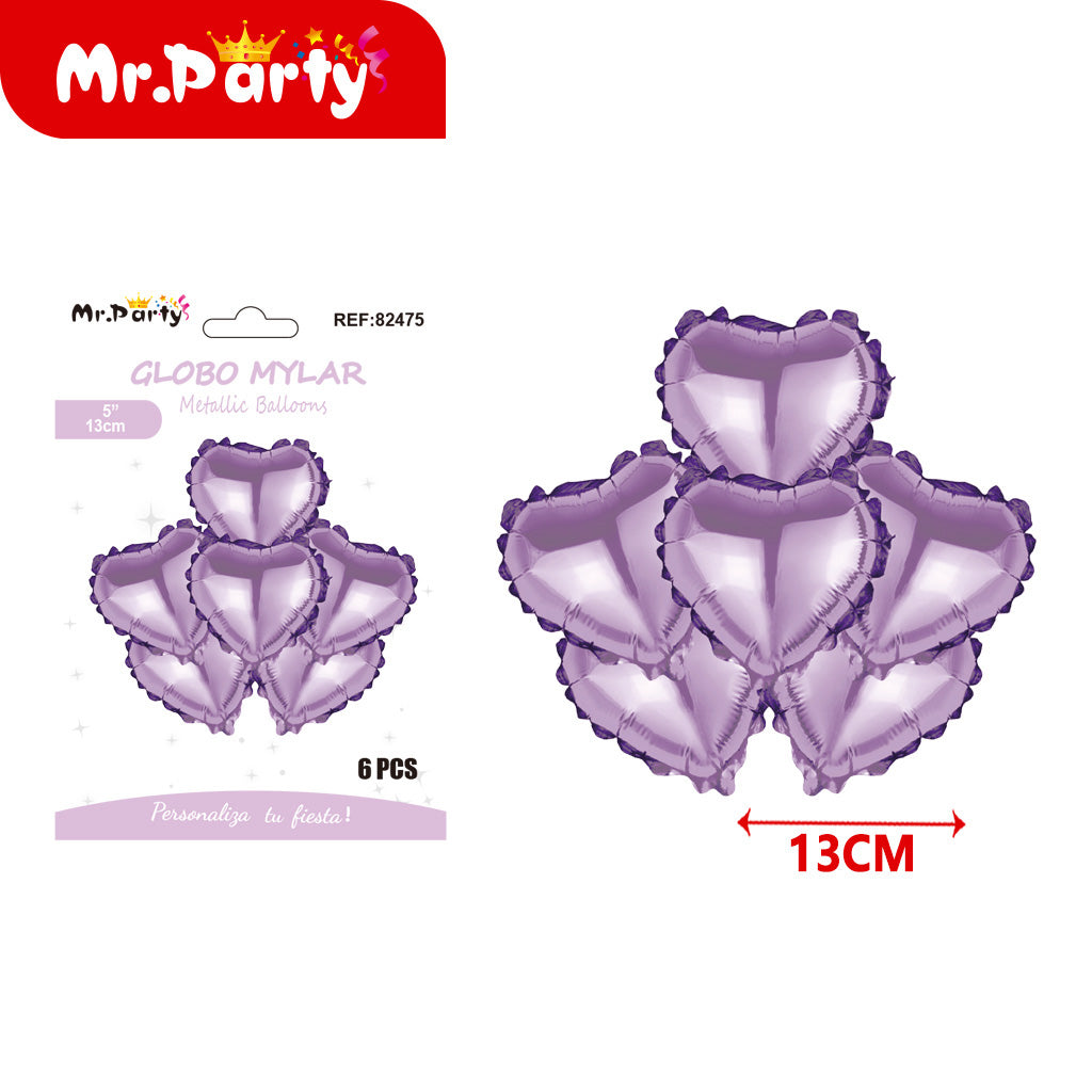 Mini Globos Mylar Estrella y Corazón 13cm – Set 6 Pzas Mayoreo 12pzas Mr. Party ✨