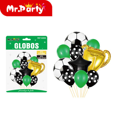 🏆⚽ Set de Globos Fútbol Mr. Party | Trofeo Campeón #1 + Balón + Arco “Feliz Cumpleaños” 🎈💚🖤✨