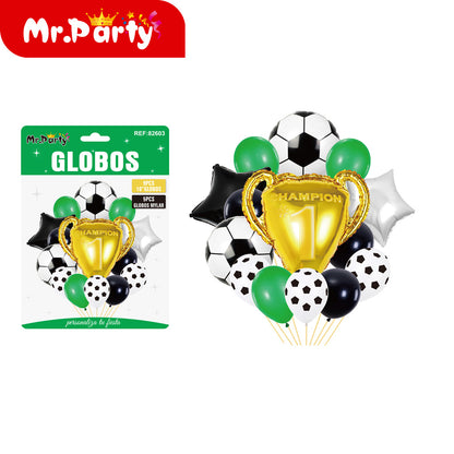 🏆⚽ Set de Globos Fútbol Mr. Party | Trofeo Campeón #1 + Balón + Arco “Feliz Cumpleaños” 🎈💚🖤✨
