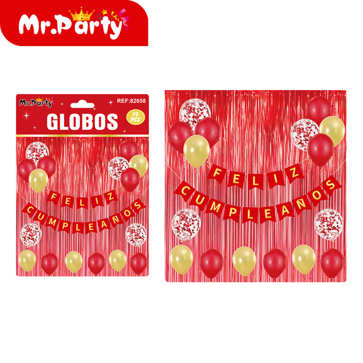 Kit Decoración Cumpleaños 19 Pzs 🎉 Cortina Metálica + “Feliz Cumpleaños” + Globos con Confeti ✨ (Varios Colores)