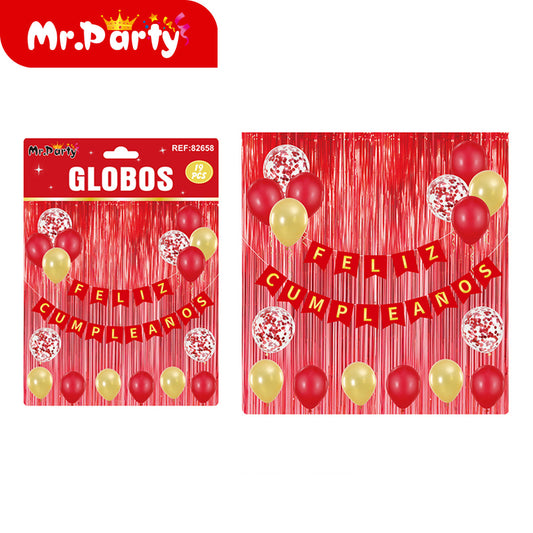 Kit Decoración Cumpleaños 19 Pzs 🎉 Cortina Metálica + “Feliz Cumpleaños” + Globos con Confeti ✨ (Varios Colores)