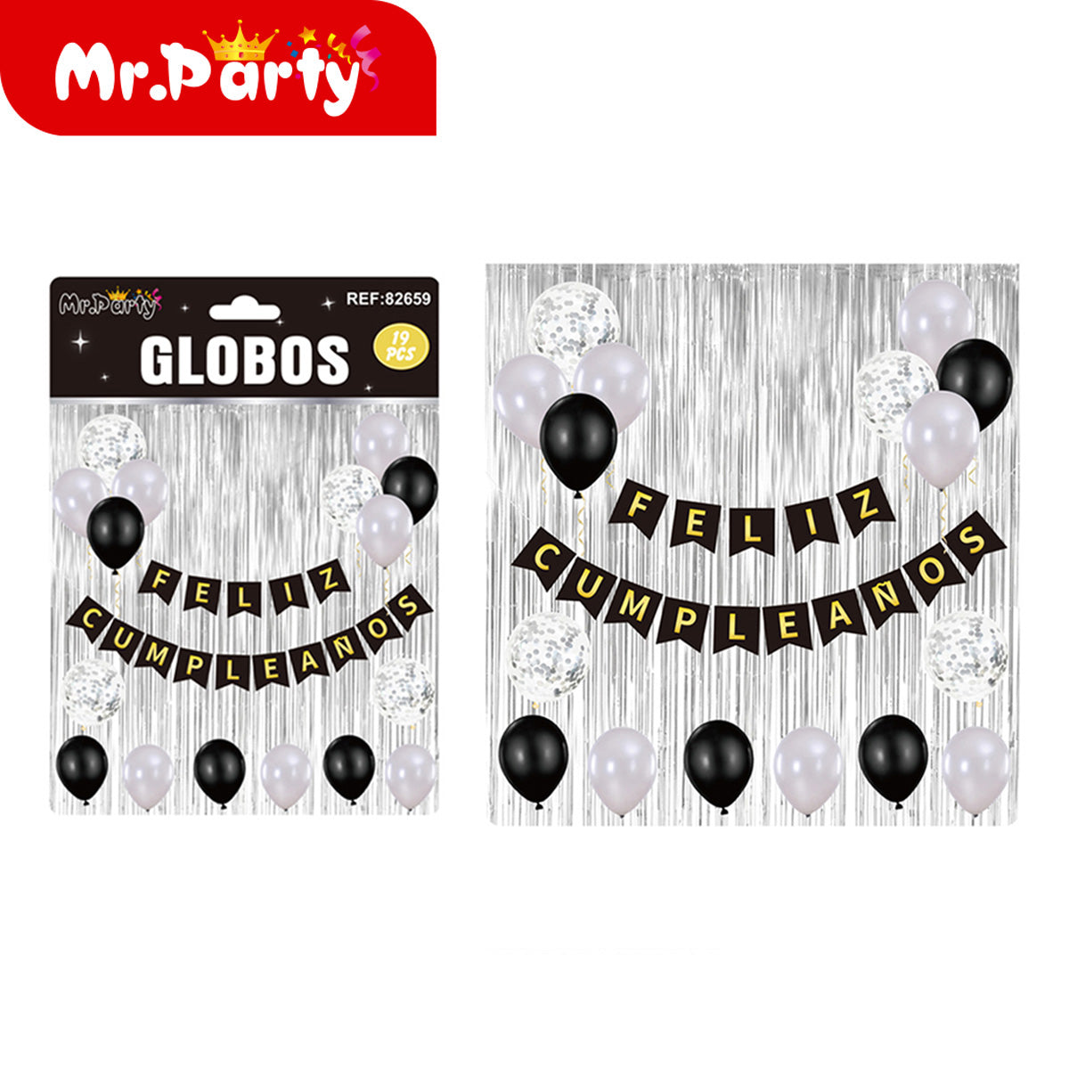 Kit Decoración Cumpleaños 19 Pzs 🎉 Cortina Metálica + “Feliz Cumpleaños” + Globos con Confeti ✨ (Varios Colores)
