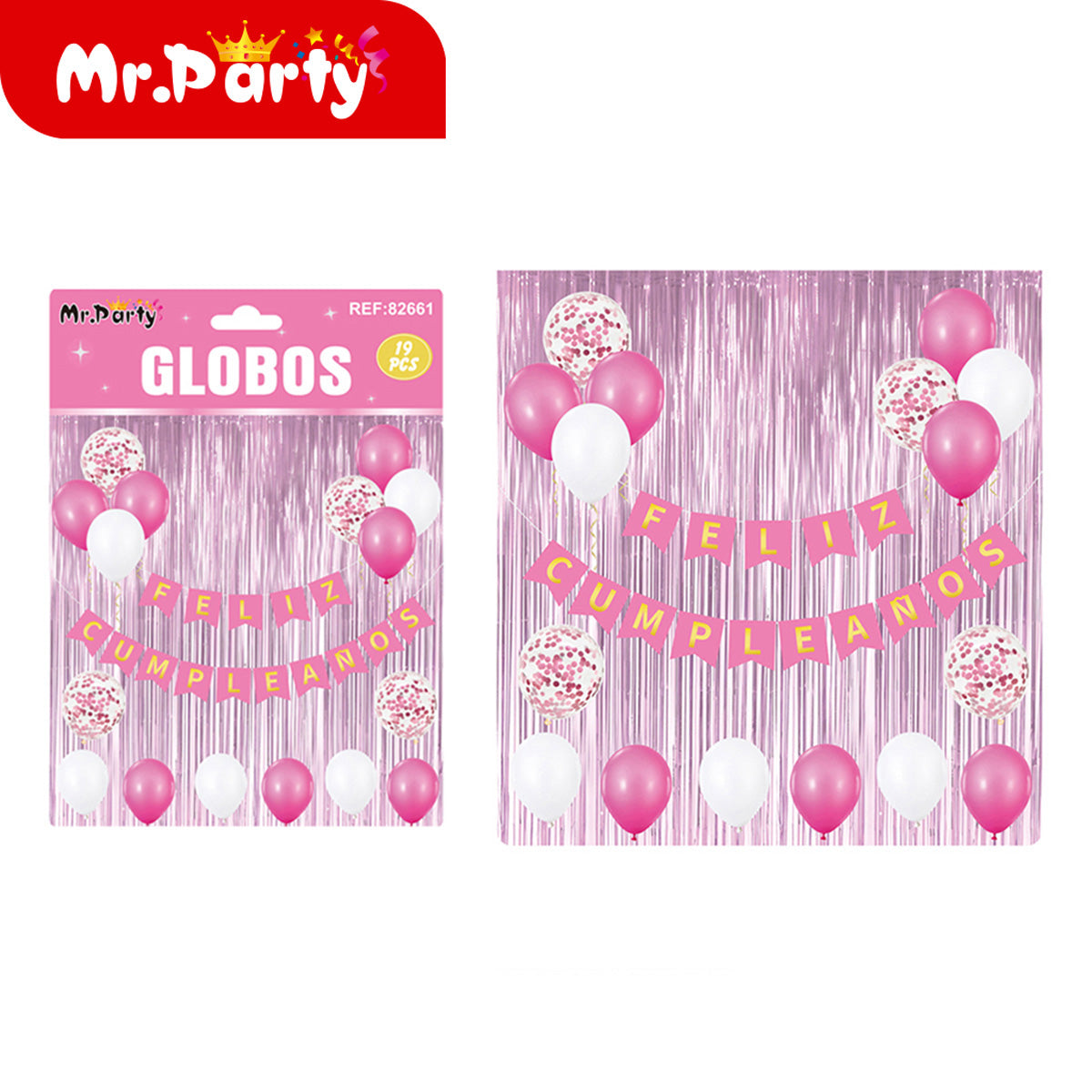 Kit Decoración Cumpleaños 19 Pzs 🎉 Cortina Metálica + “Feliz Cumpleaños” + Globos con Confeti ✨ (Varios Colores)