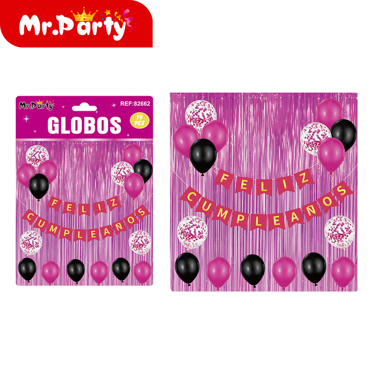 Kit Decoración Cumpleaños 19 Pzs 🎉 Cortina Metálica + “Feliz Cumpleaños” + Globos con Confeti ✨ (Varios Colores)