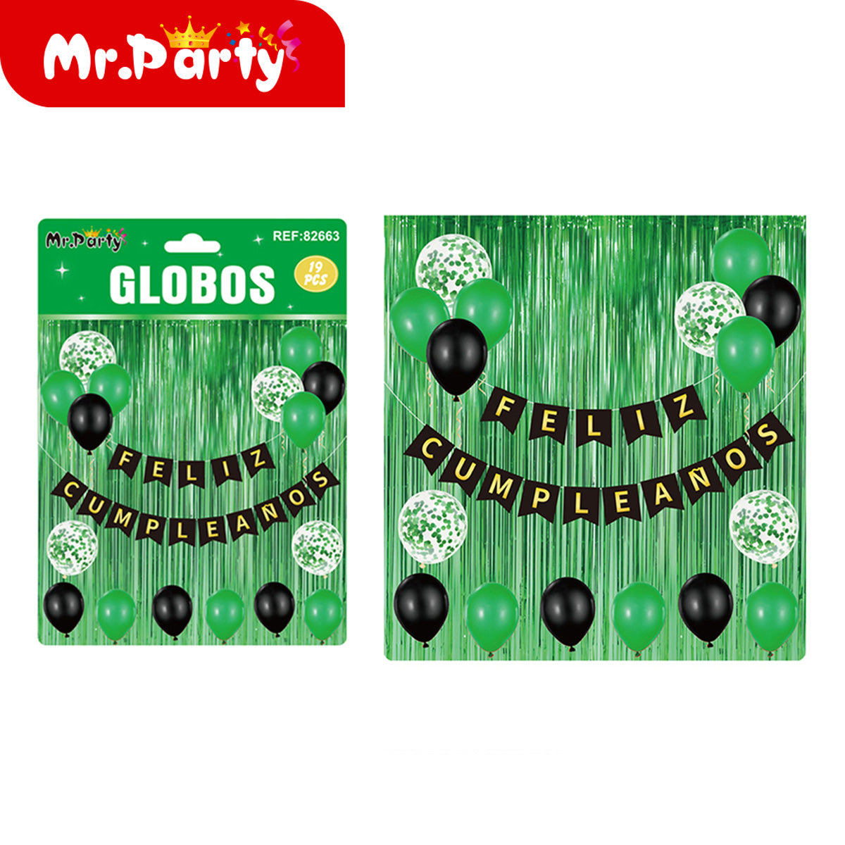 Kit Decoración Cumpleaños 19 Pzs 🎉 Cortina Metálica + “Feliz Cumpleaños” + Globos con Confeti ✨ (Varios Colores)