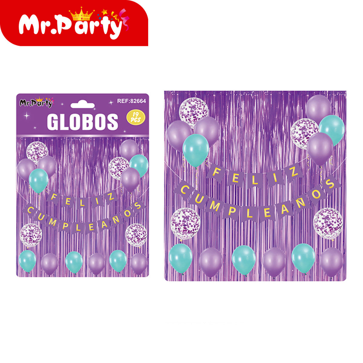 Kit Decoración Cumpleaños 19 Pzs 🎉 Cortina Metálica + “Feliz Cumpleaños” + Globos con Confeti ✨ (Varios Colores)