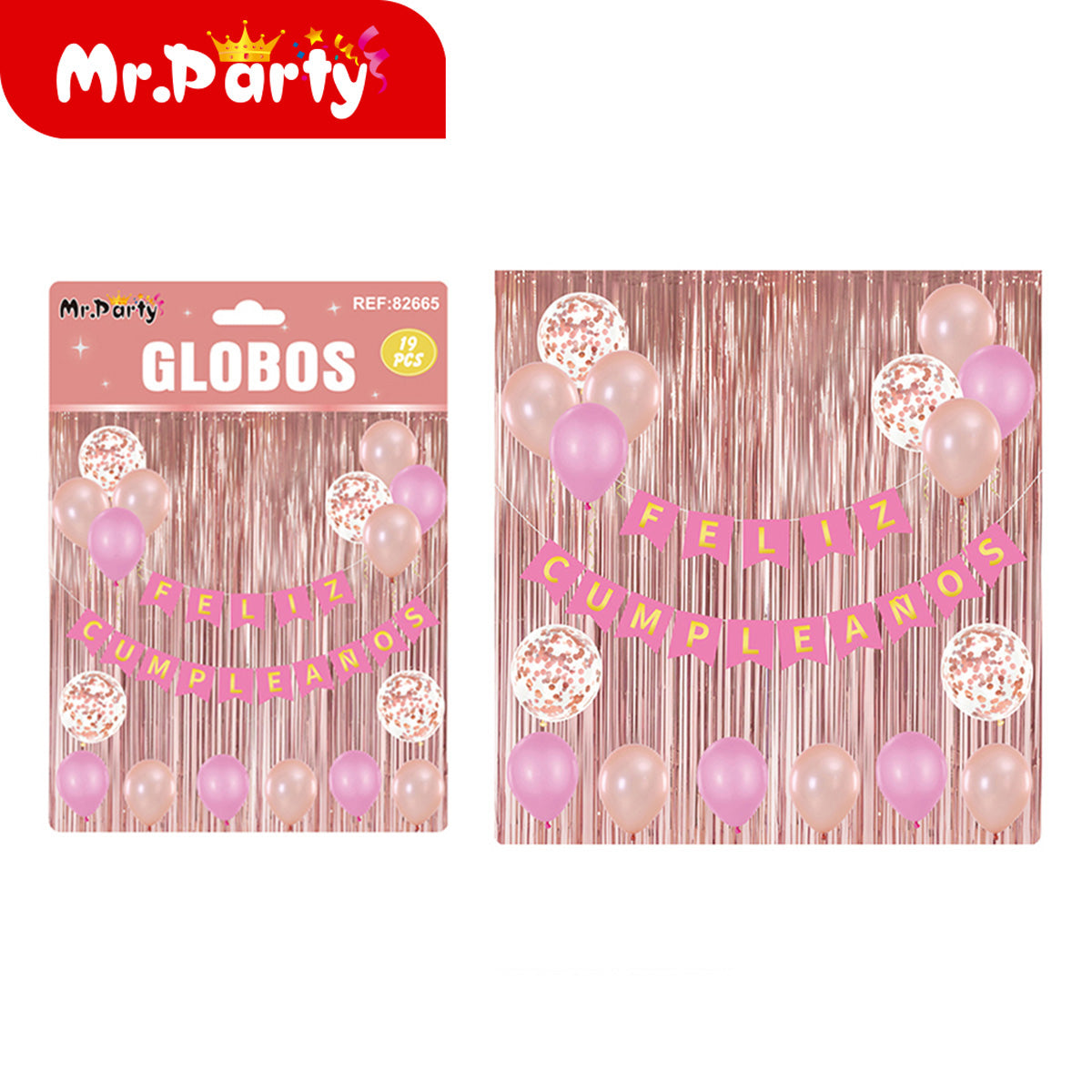 Kit Decoración Cumpleaños 19 Pzs 🎉 Cortina Metálica + “Feliz Cumpleaños” + Globos con Confeti ✨ (Varios Colores)