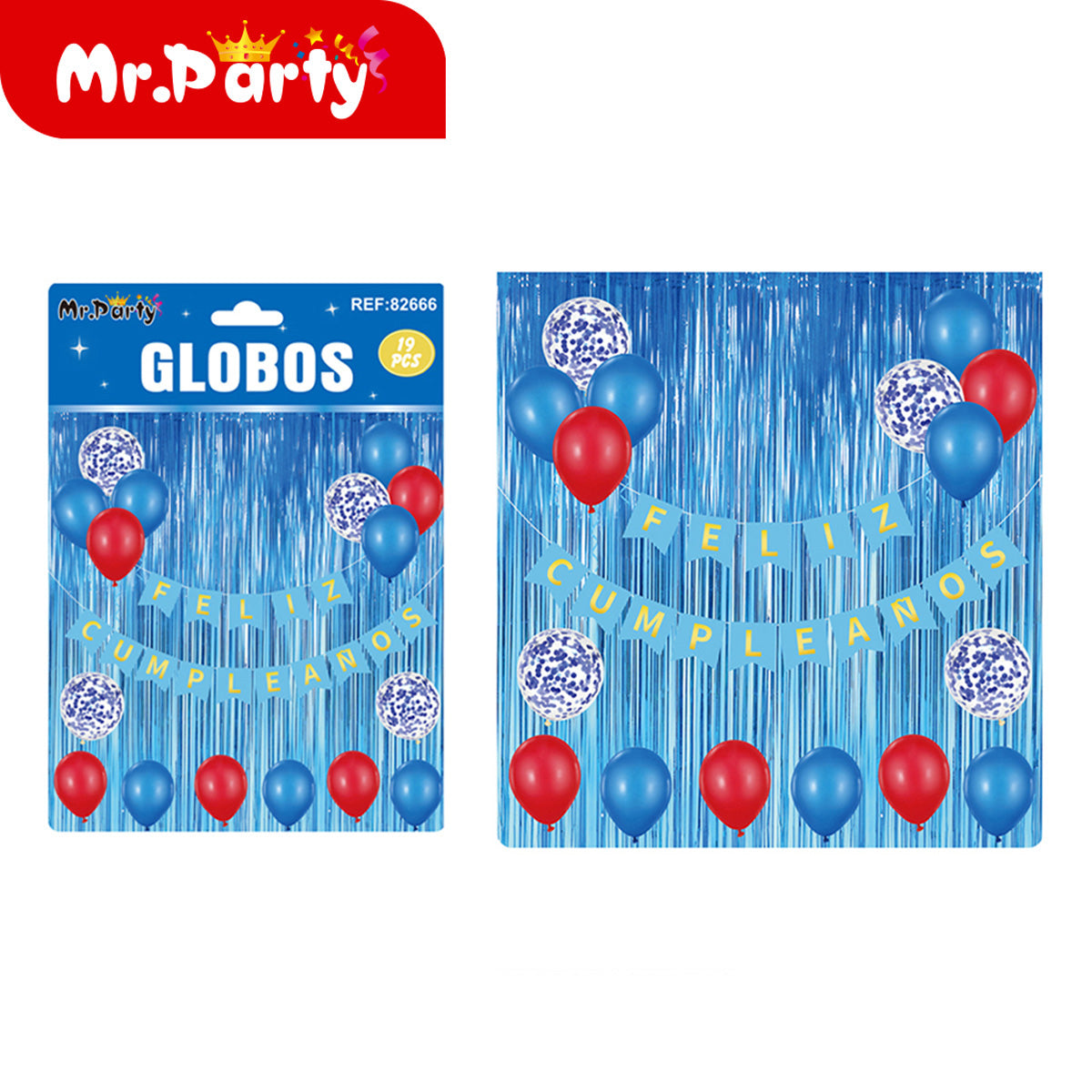 Kit Decoración Cumpleaños 19 Pzs 🎉 Cortina Metálica + “Feliz Cumpleaños” + Globos con Confeti ✨ (Varios Colores)