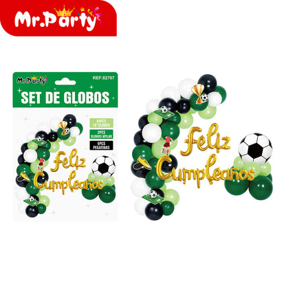 🏆⚽ Set de Globos Fútbol Mr. Party | Trofeo Campeón #1 + Balón + Arco “Feliz Cumpleaños” 🎈💚🖤✨