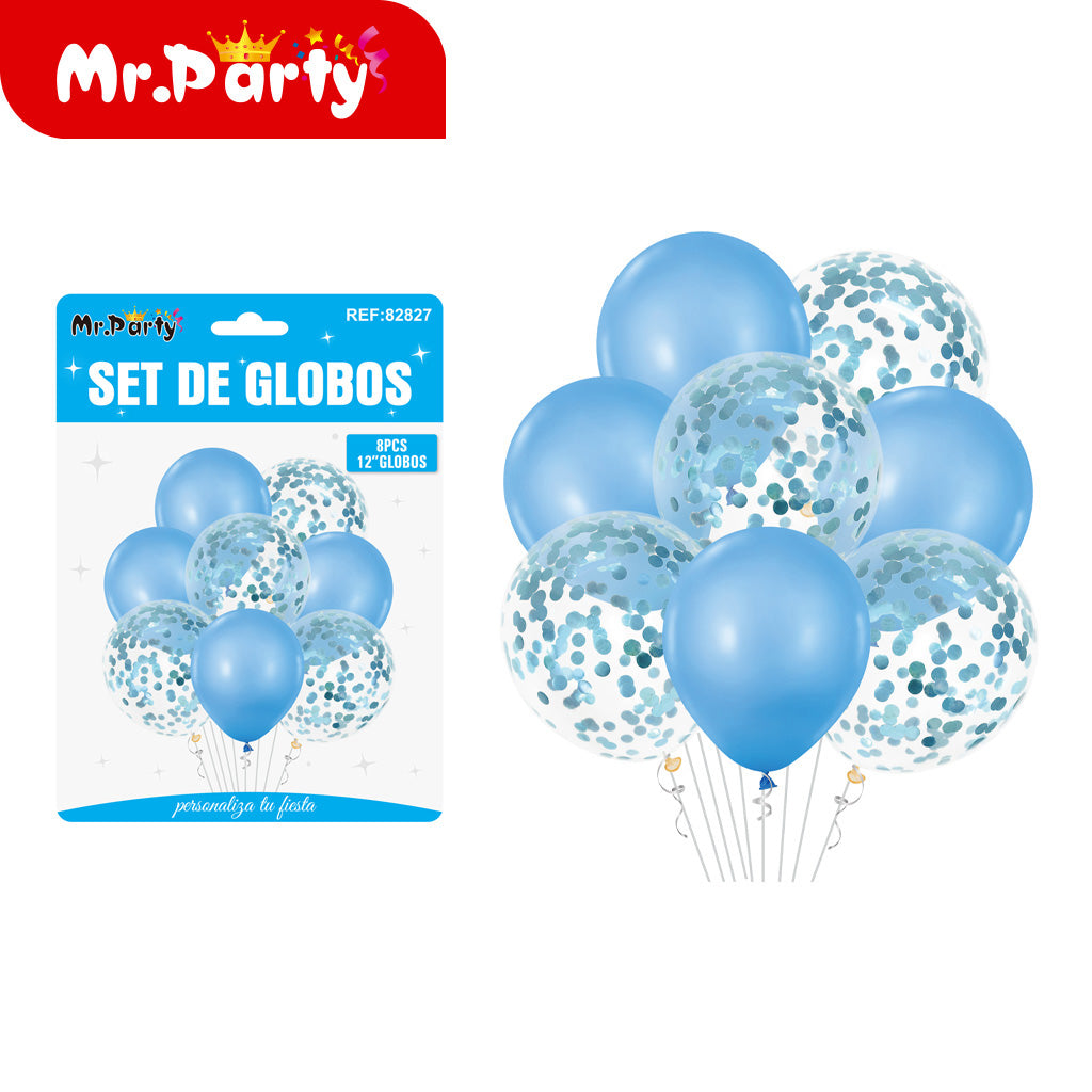 Set de Globos 12” con Confeti | 8 pzas + Opción Mylar | Decoración Fiesta
