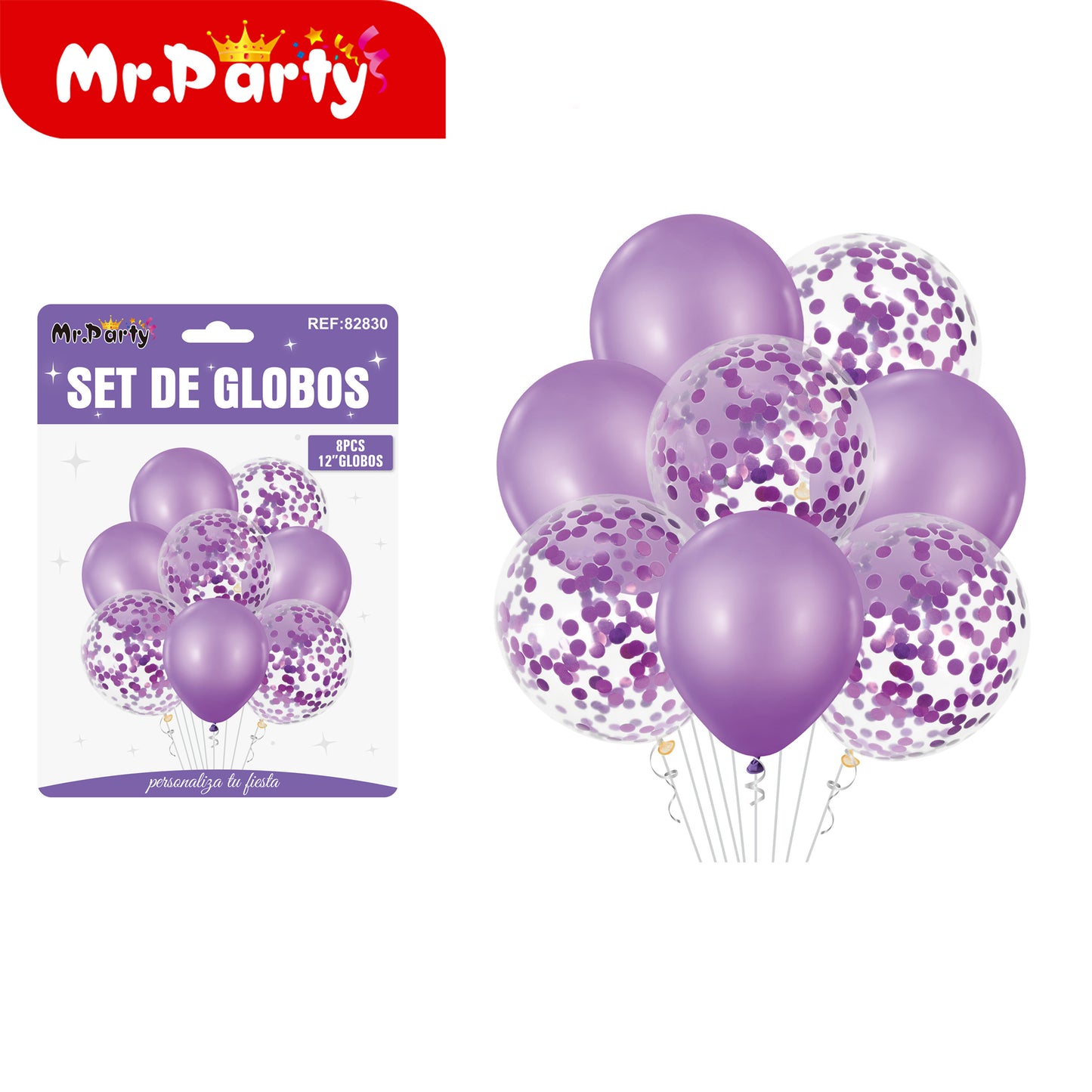 Set de Globos 12” con Confeti | 8 pzas + Opción Mylar | Decoración Fiesta