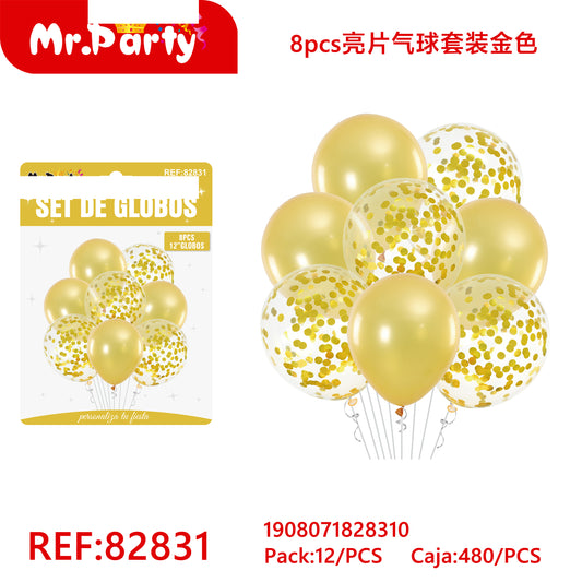 Juego de 8 globos con lentejuelas dorados (12paquetes)