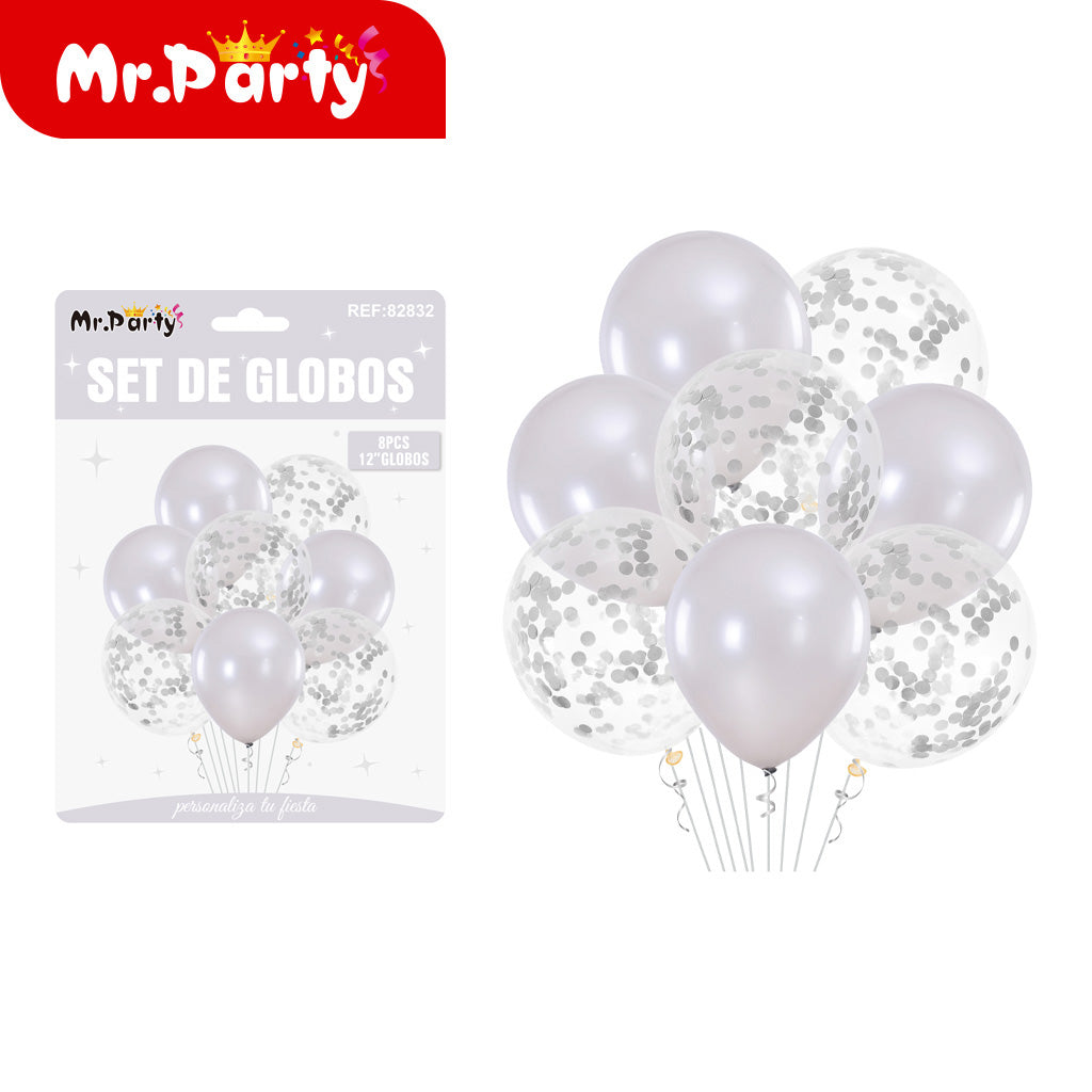 Set de Globos 12” con Confeti | 8 pzas + Opción Mylar | Decoración Fiesta