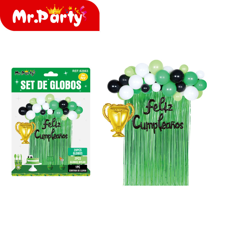 🎉⚽ Kit Decoración Cumpleaños Futbolero | Set de Globos + Guirnalda “Feliz Cumpleaños” + Backdrop | Verde/Negro/Oro Mayoreo 6 o 12 pzas