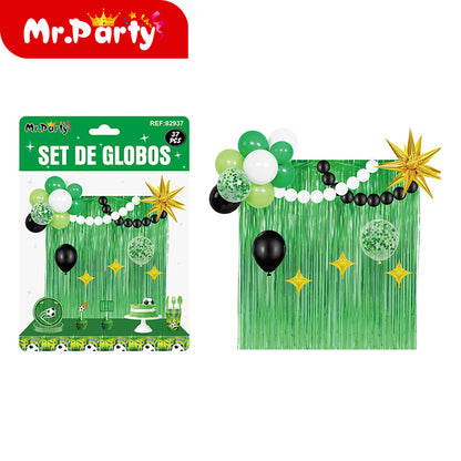 🎉⚽ Kit Decoración Cumpleaños Futbolero | Set de Globos + Guirnalda “Feliz Cumpleaños” + Backdrop | Verde/Negro/Oro Mayoreo 6 o 12 pzas