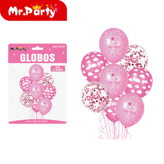 Set de Globos "Es Niña" o "Es Niño" del #12" Paquete con 8 Piezas y 1 Mylar Mr. Party