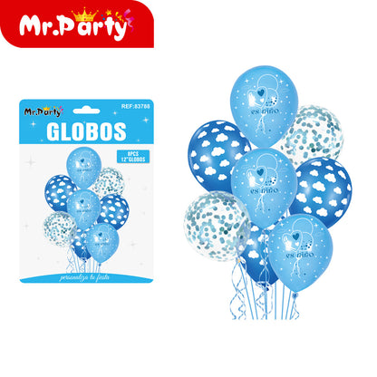 Set de Globos "Es Niña" o "Es Niño" del #12" Paquete con 8 Piezas y 1 Mylar Mr. Party