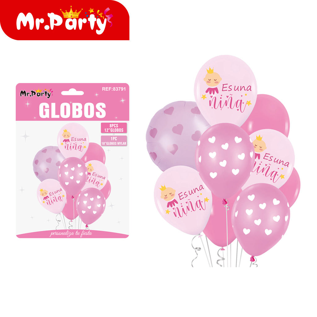Set de Globos "Es Niña" o "Es Niño" del #12" Paquete con 8 Piezas y 1 Mylar Mr. Party