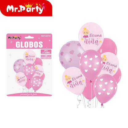 Set de Globos "Es Niña" o "Es Niño" del #12" Paquete con 8 Piezas y 1 Mylar Mr. Party