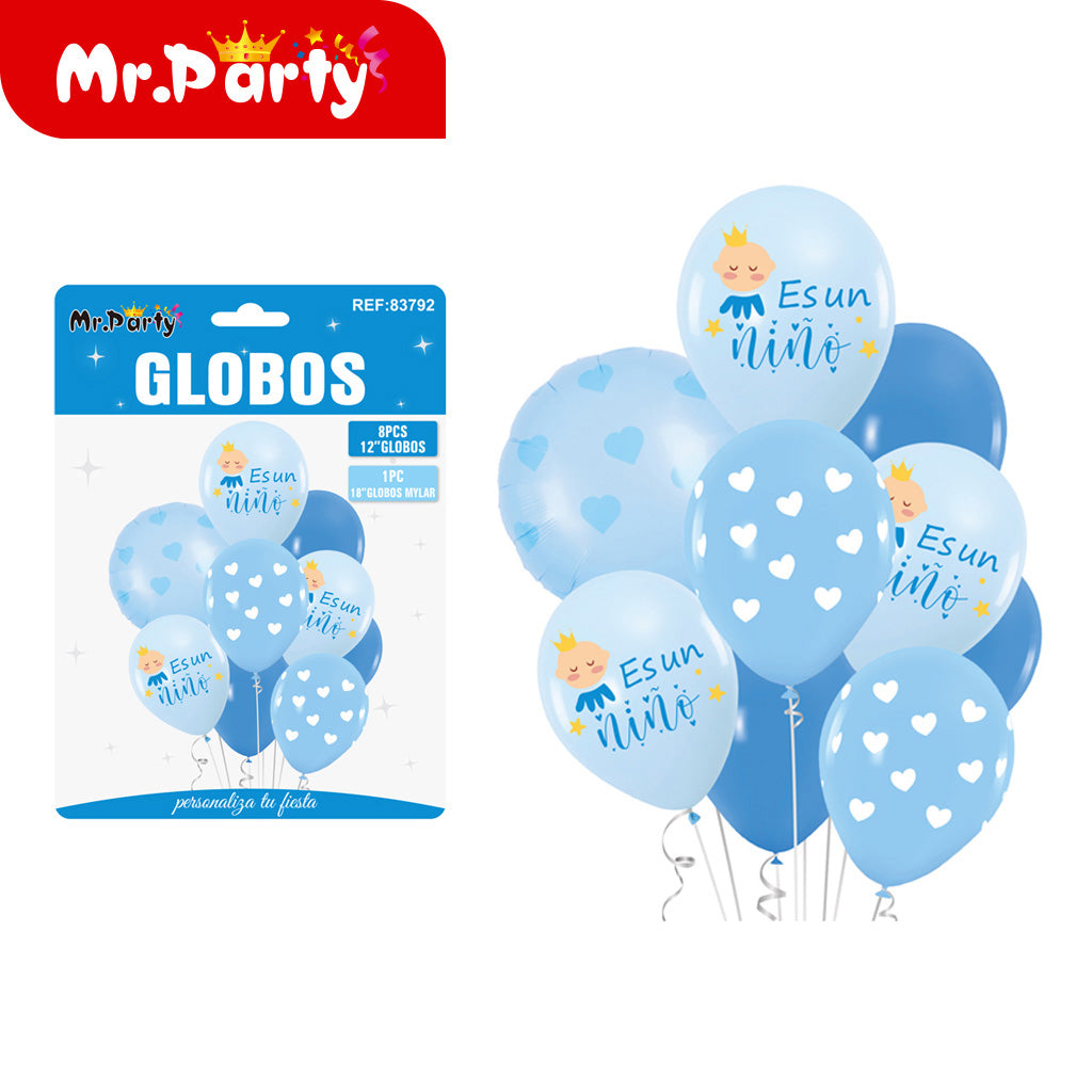 Set de Globos "Es Niña" o "Es Niño" del #12" Paquete con 8 Piezas y 1 Mylar Mr. Party