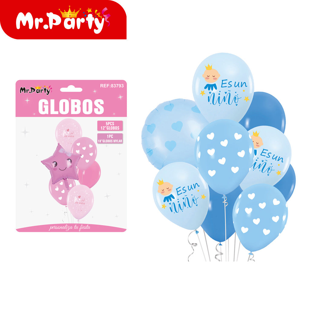 Set de Globos "Es Niña" o "Es Niño" del #12" Paquete con 8 Piezas y 1 Mylar Mr. Party