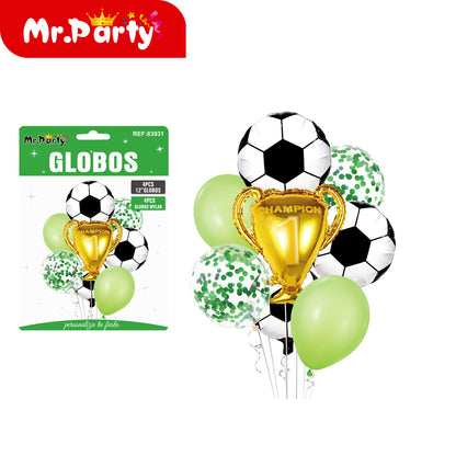 🏆⚽ Set de Globos Fútbol Mr. Party | Trofeo Campeón #1 + Balón + Arco “Feliz Cumpleaños” 🎈💚🖤✨