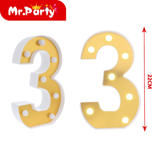 número 3 dorado de 22 cm con luz (12paquetes)