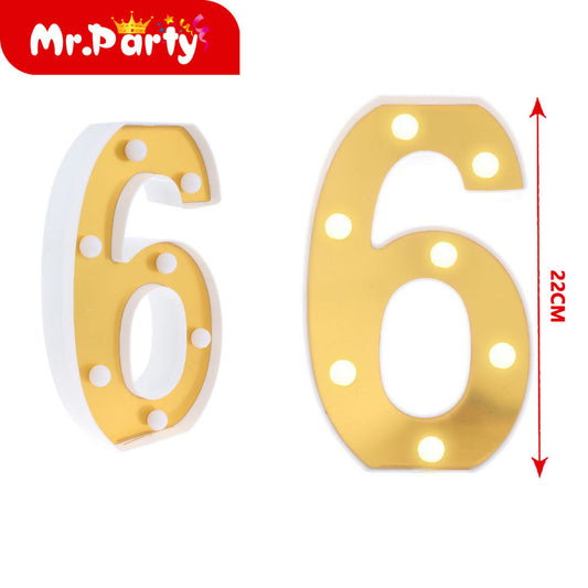 número 6 dorado de 22 cm con luz (12paquetes)