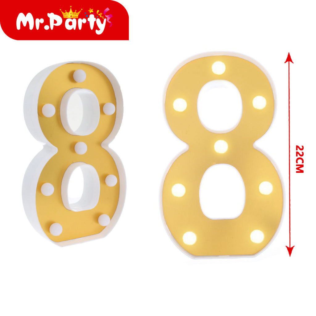 número 8 dorado de 22 cm con luz (12paquetes)