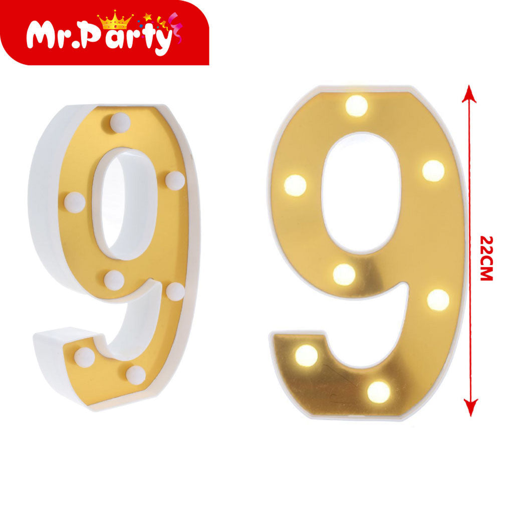 número 9 dorado de 22 cm con luz (12paquetes)