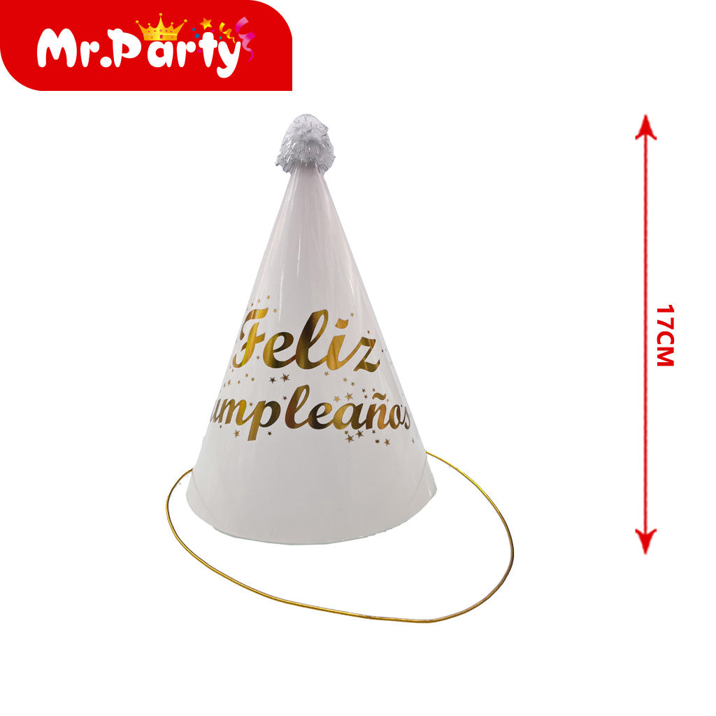 🎉 Gorro Cono “Feliz Cumpleaños” con Pompones ✨ Sombrero Fiesta 17cm (Varios Colores)
