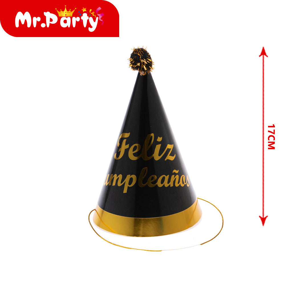 🎉 Gorro Cono “Feliz Cumpleaños” con Pompones ✨ Sombrero Fiesta 17cm (Varios Colores)