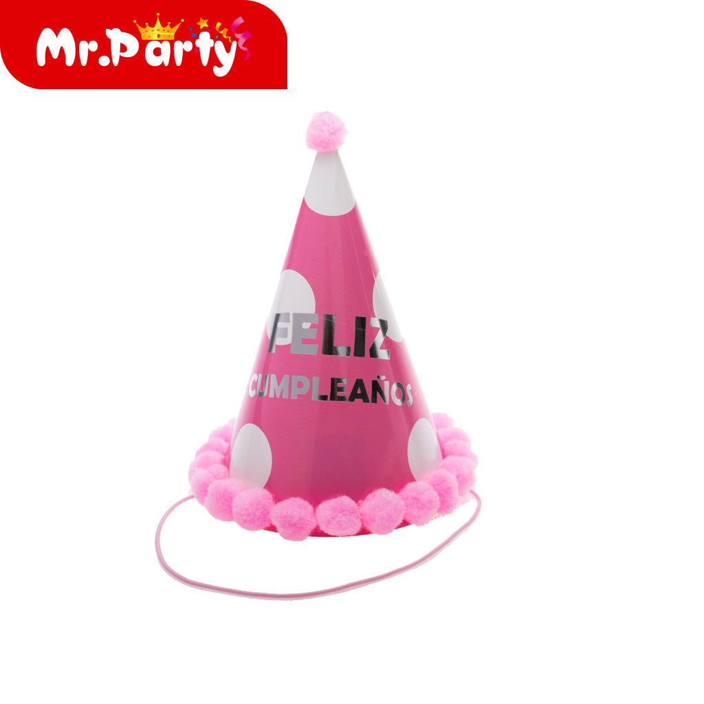 🎉 Gorro Cono “Feliz Cumpleaños” con Pompones ✨ Sombrero Fiesta 17cm (Varios Colores)