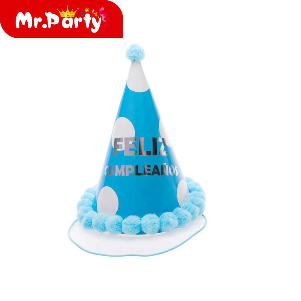 🎉 Gorro Cono “Feliz Cumpleaños” con Pompones ✨ Sombrero Fiesta 17cm (Varios Colores)