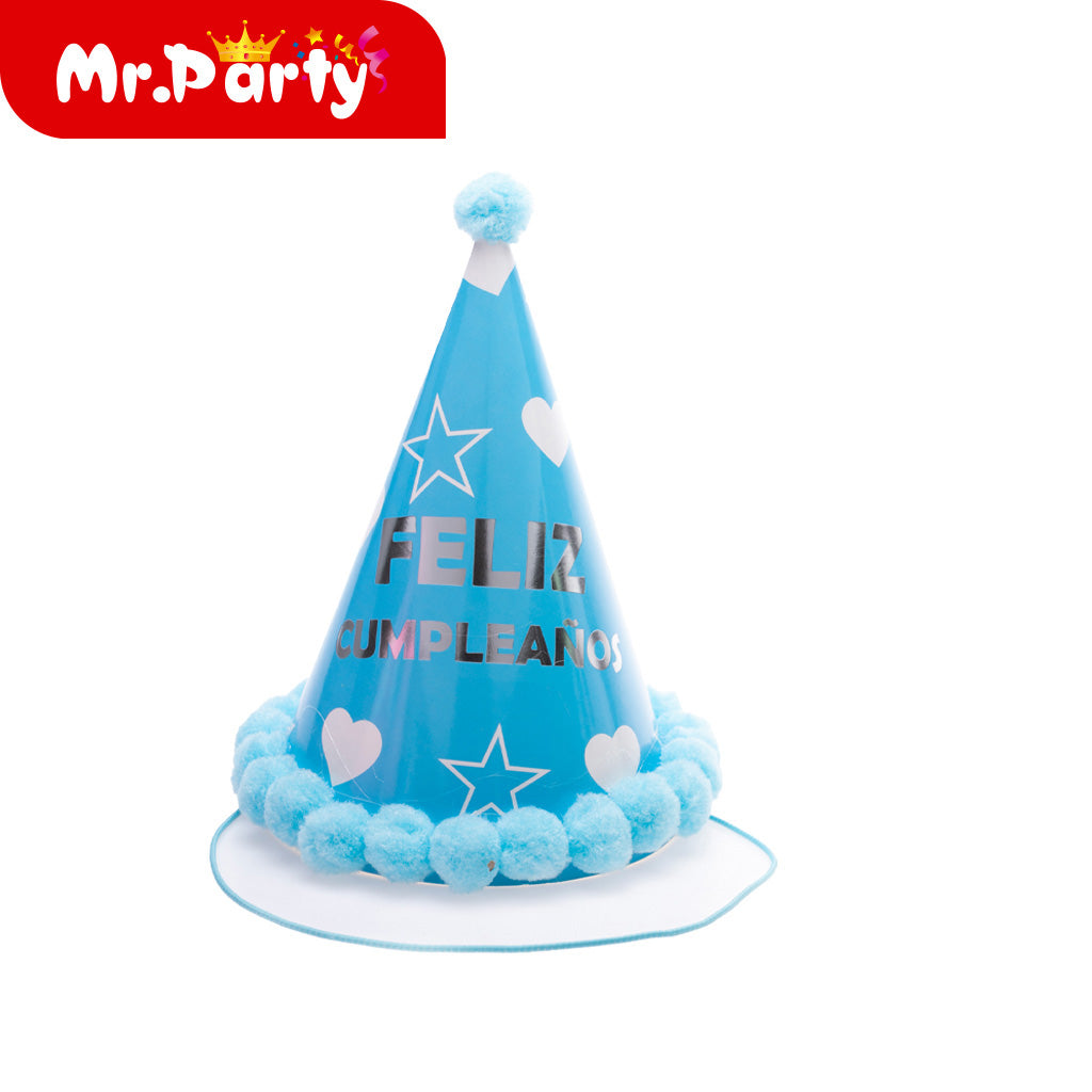 🎉 Gorro Cono “Feliz Cumpleaños” con Pompones ✨ Sombrero Fiesta 17cm (Varios Colores)