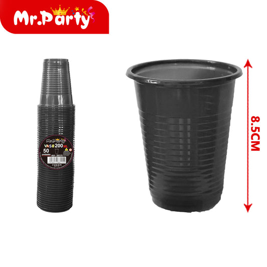 Vaso de plástico de color solido 50pc-200ml negro 22g (12paquetes)