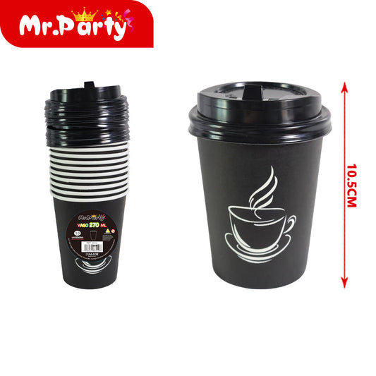 10 tazas de café negras con tapa de 260 g y 270 ml (12paquetes)