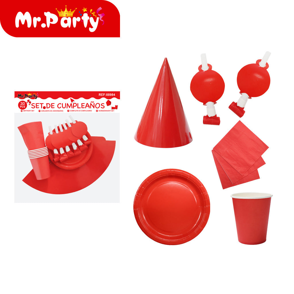 Set de Cumpleaños 30 pzs con Plato, Vaso, Gorrito y Decoración Mr. Party