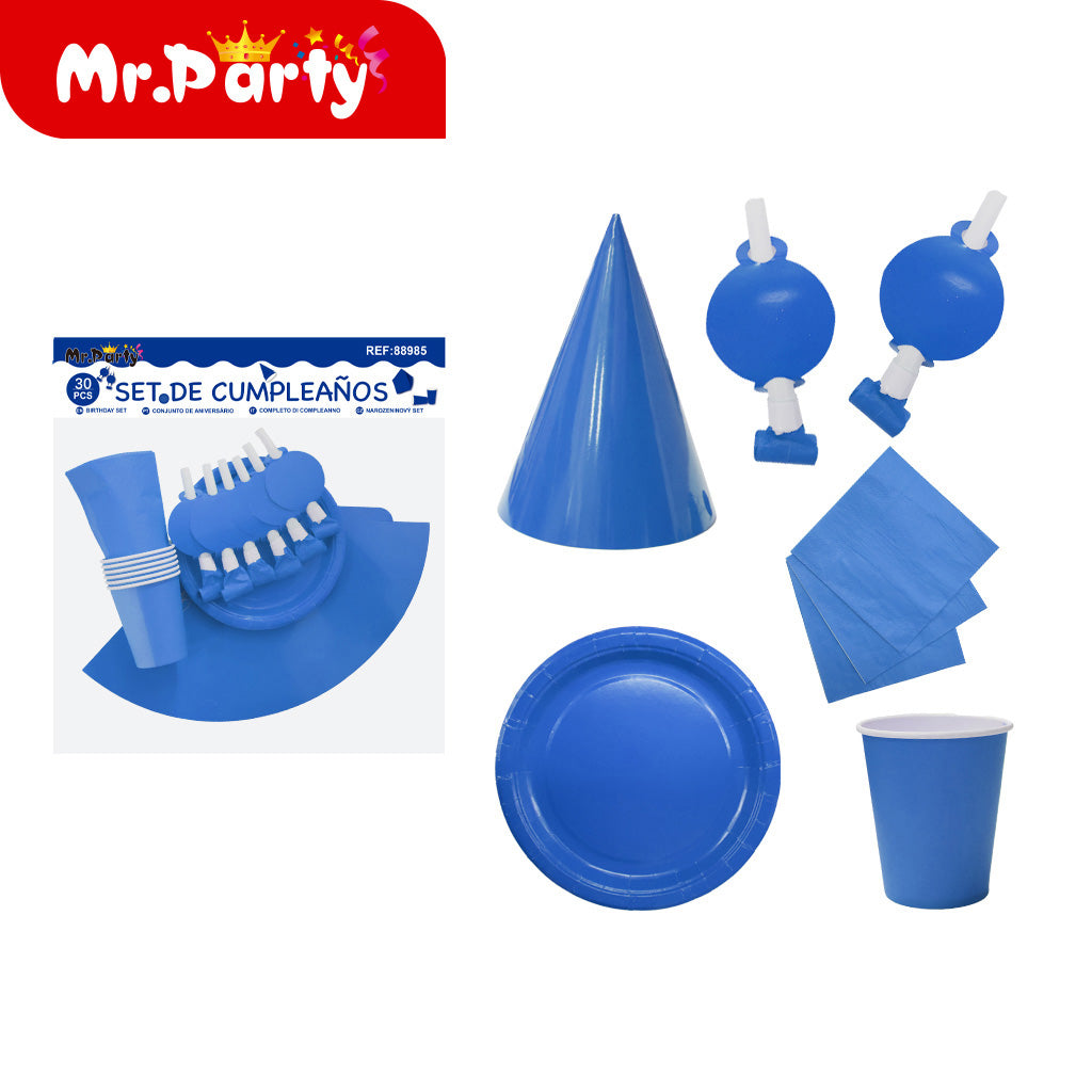 Set de Cumpleaños 30 pzs con Plato, Vaso, Gorrito y Decoración Mr. Party