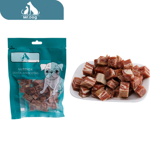 Hueso para mascota colorida de cubos de pollo marinado paq. con 12 pzas
