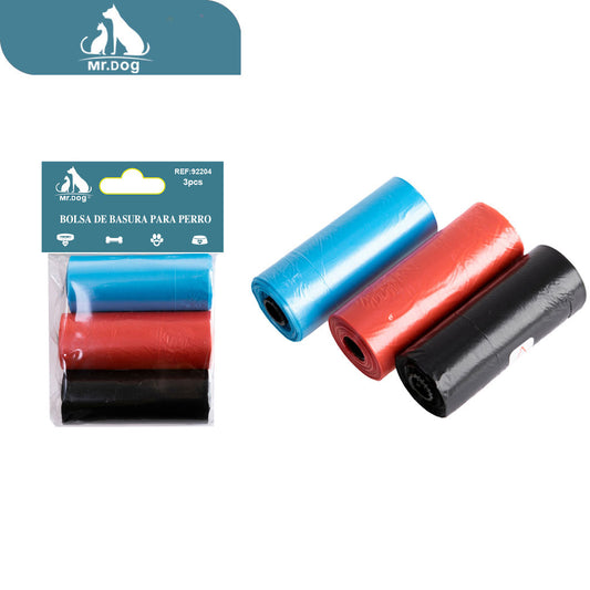 3 rollos de bolsas de basura de un solo color rojo, azul, negro, mixto/cartón paq. con 12 pzas